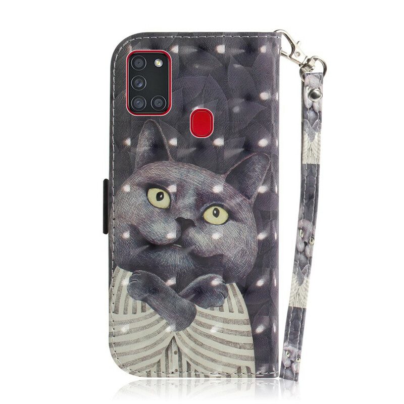 Folio Cover Samsung Galaxy A21s Gatto Grigio Con Cinturino