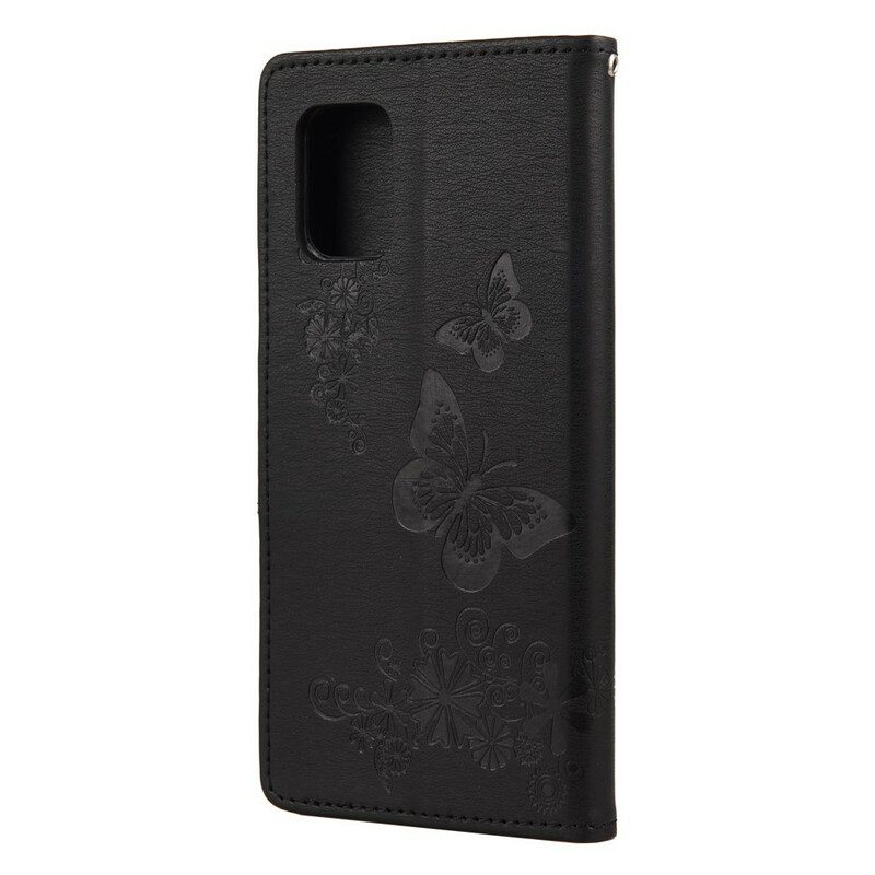 Custodia in pelle Xiaomi Mi 10 Lite Solo Farfalle Con Cordino