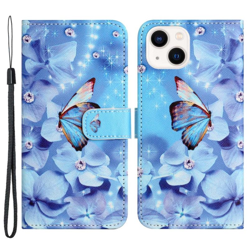 Custodia in pelle iPhone 14 Plus Farfalle Di Diamanti Strappy