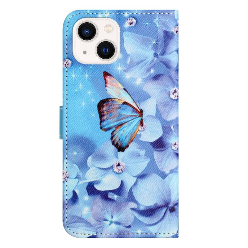 Custodia in pelle iPhone 14 Plus Farfalle Di Diamanti Strappy