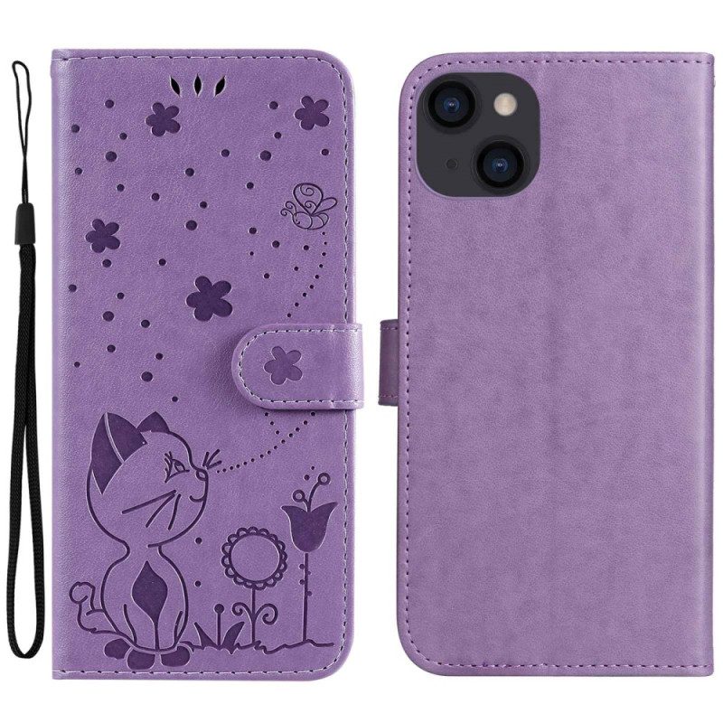 Custodia in pelle iPhone 14 Plus Gatto E Ape Con Cordino