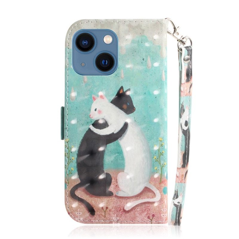 Custodia in pelle iPhone 14 Plus Gatto Nero Gatto Bianco Con Cinturino