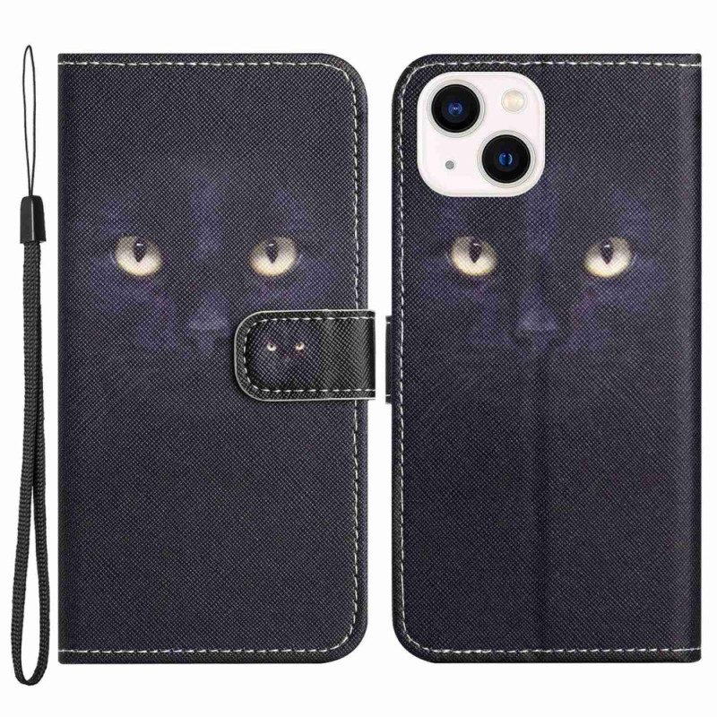 Custodia in pelle iPhone 14 Plus Gatto Nero Con Cinturino