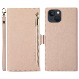 Custodia in pelle iPhone 14 Plus Litchi In Pelle Con Cinturino E Cerniera