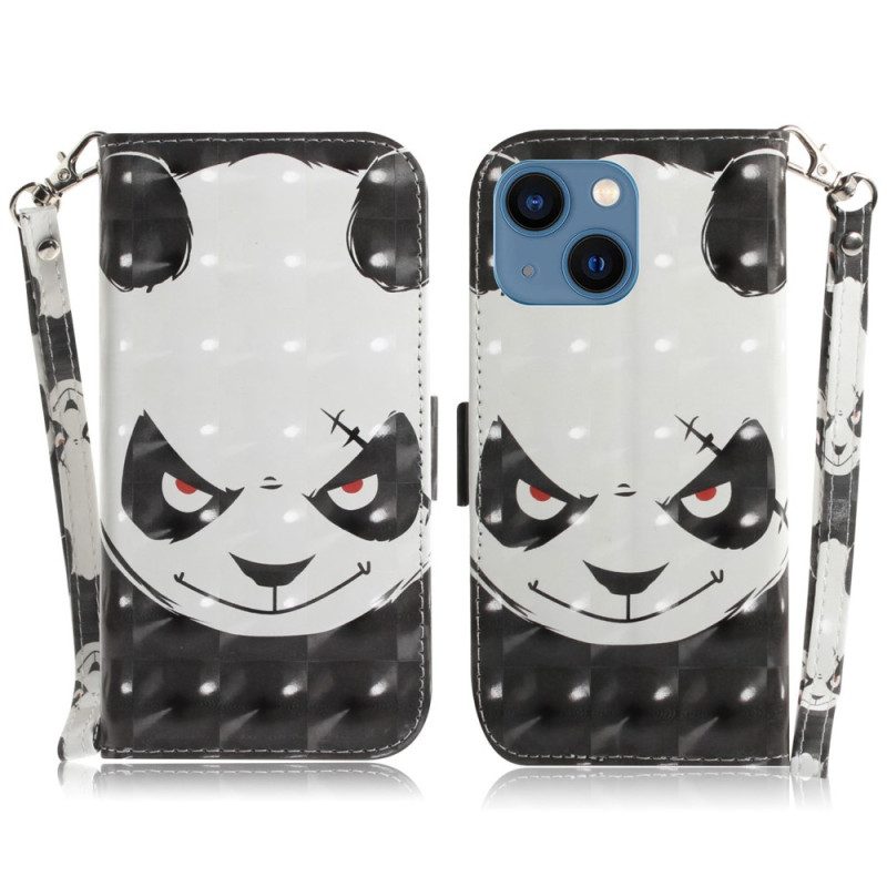 Custodia in pelle iPhone 14 Plus Panda Arrabbiato Con Cordino