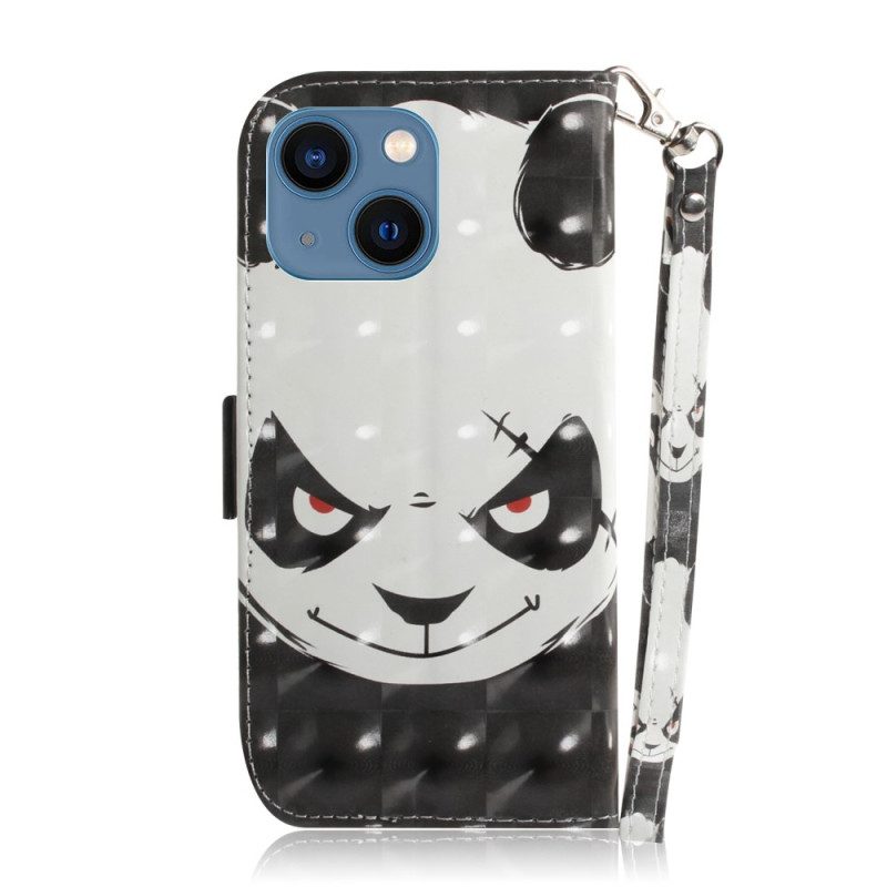 Custodia in pelle iPhone 14 Plus Panda Arrabbiato Con Cordino