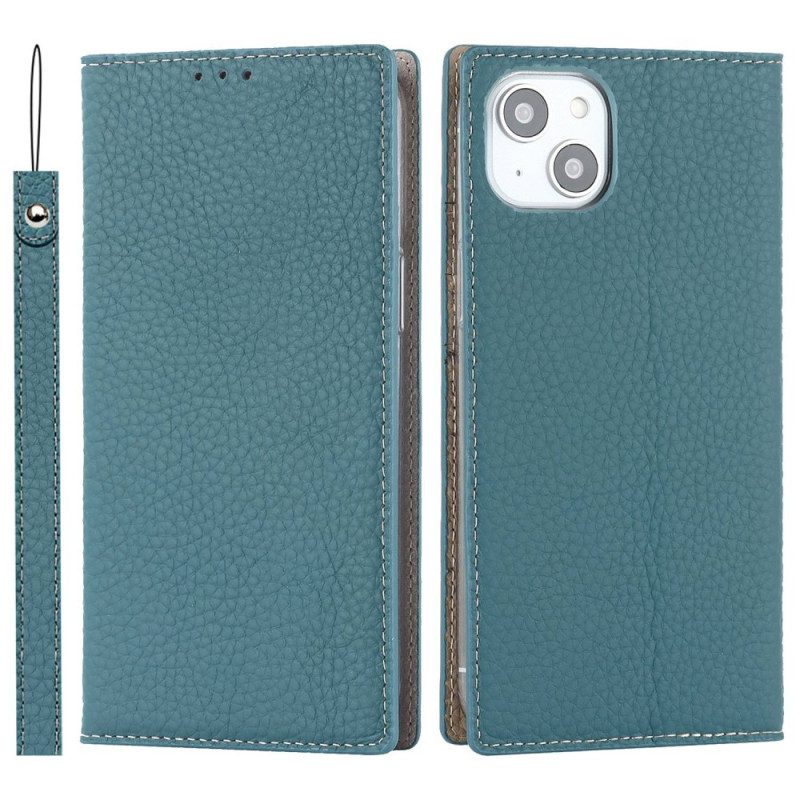 Folio Cover iPhone 14 Plus Custodia in pelle Cinturino In Vera Pelle Di Litchi