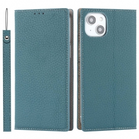 Folio Cover iPhone 14 Plus Custodia in pelle Cinturino In Vera Pelle Di Litchi