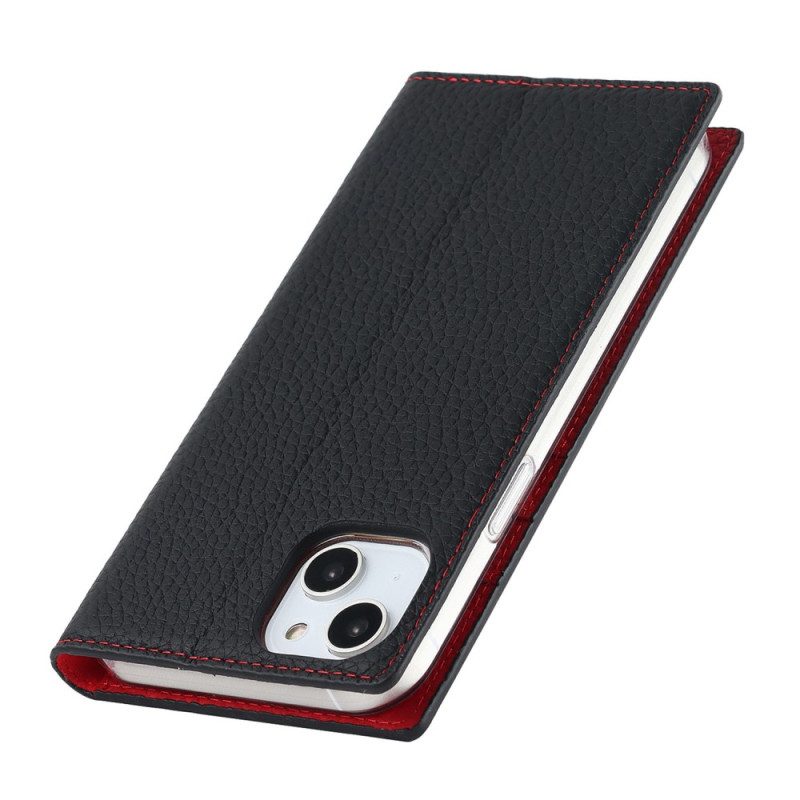 Folio Cover iPhone 14 Plus Custodia in pelle Cinturino In Vera Pelle Di Litchi