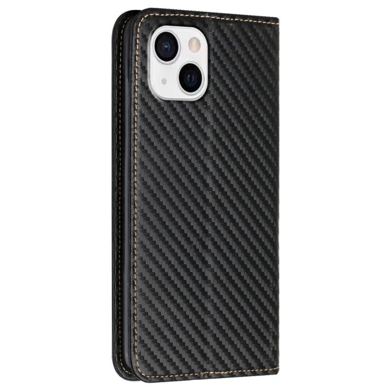 Folio Cover iPhone 14 Plus Custodia in pelle Fibra Di Carbonio Con Cordino