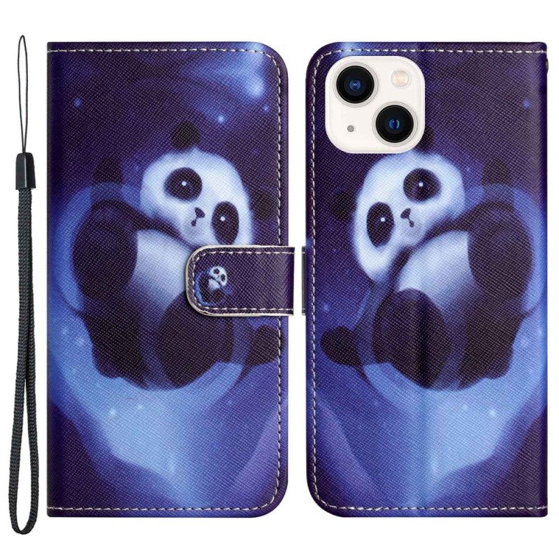 Folio Cover iPhone 14 Plus Panda Nello Spazio Con Cordino