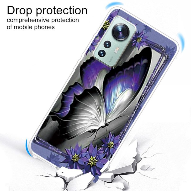 Cover Xiaomi 12 / 12X Farfalla Viola In Silicone