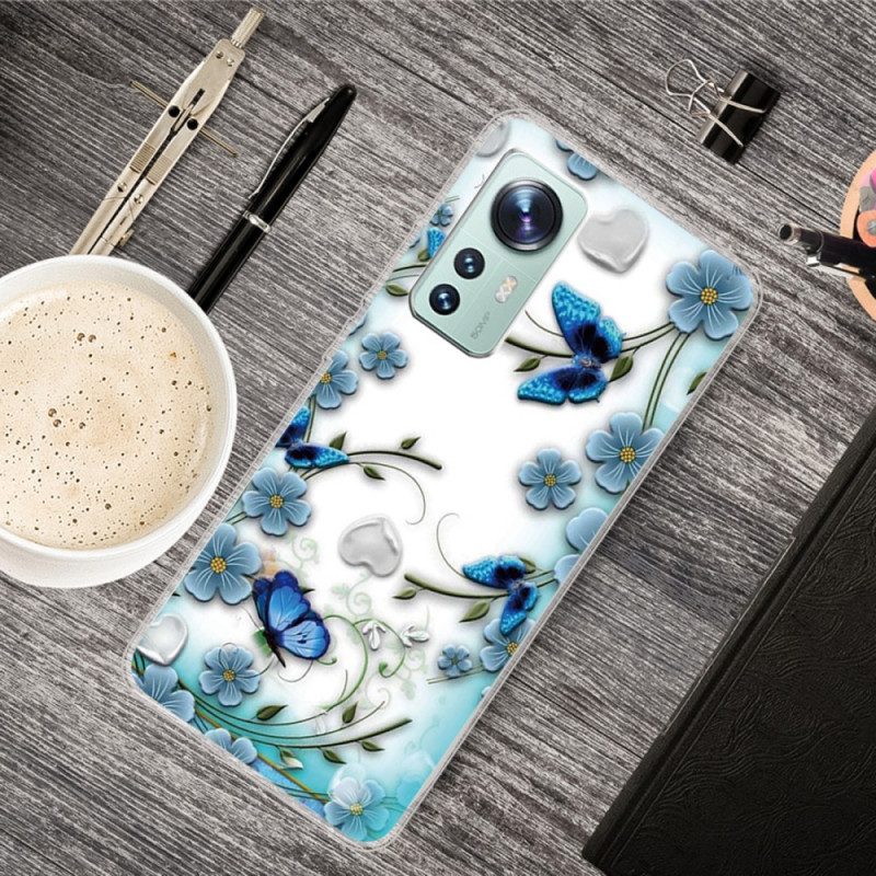 Cover Xiaomi 12 / 12X Fiori E Farfalle Blu