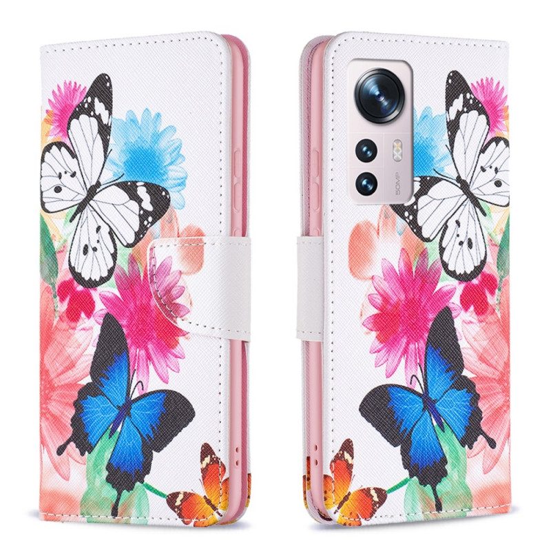 Custodia in pelle Xiaomi 12 / 12X Farfalle E Fiori Dipinti