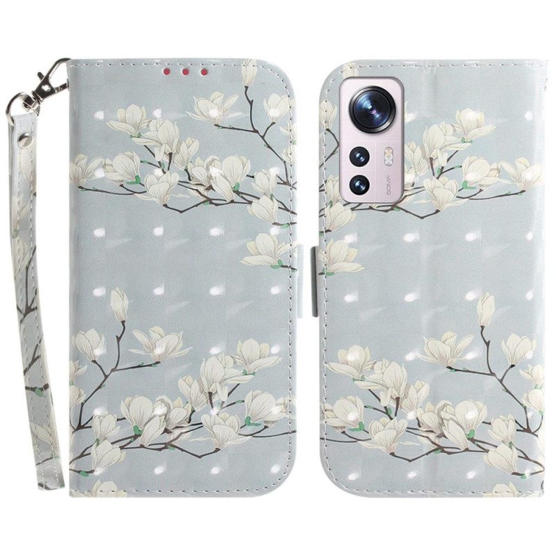 Custodia in pelle Xiaomi 12 / 12X Fiori Bianchi Strappy