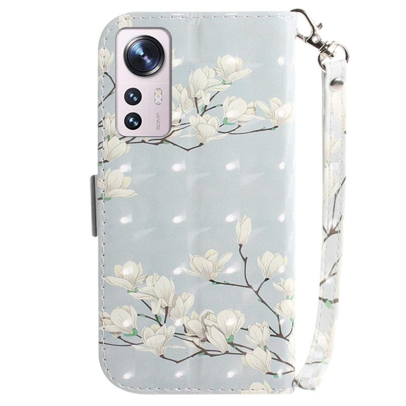 Custodia in pelle Xiaomi 12 / 12X Fiori Bianchi Strappy