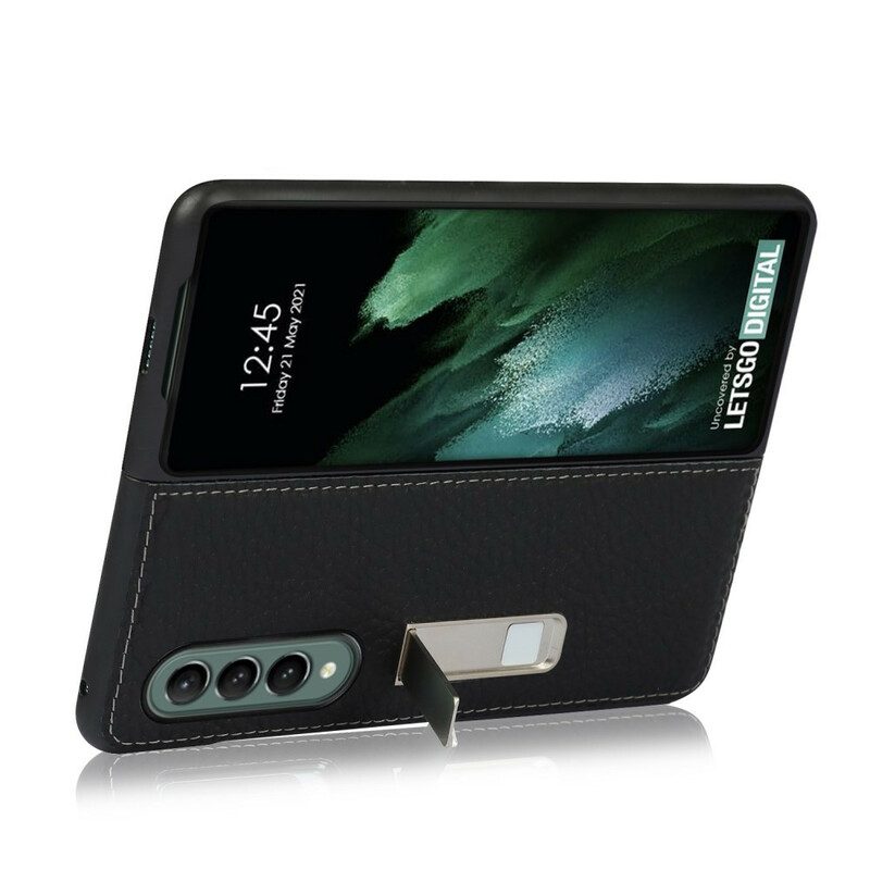 Cover Samsung Galaxy Z Fold 3 5G Supporto Vivavoce In Vera Pelle Litchi