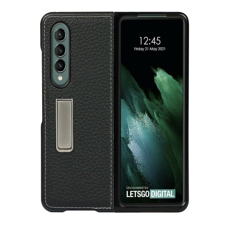 Cover Samsung Galaxy Z Fold 3 5G Supporto Vivavoce In Vera Pelle Litchi