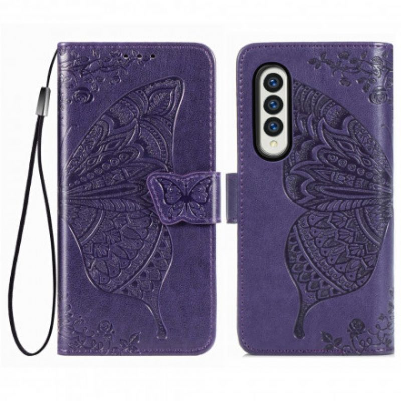 Custodia in pelle Samsung Galaxy Z Fold 3 5G Design A Farfalla Con Cordino