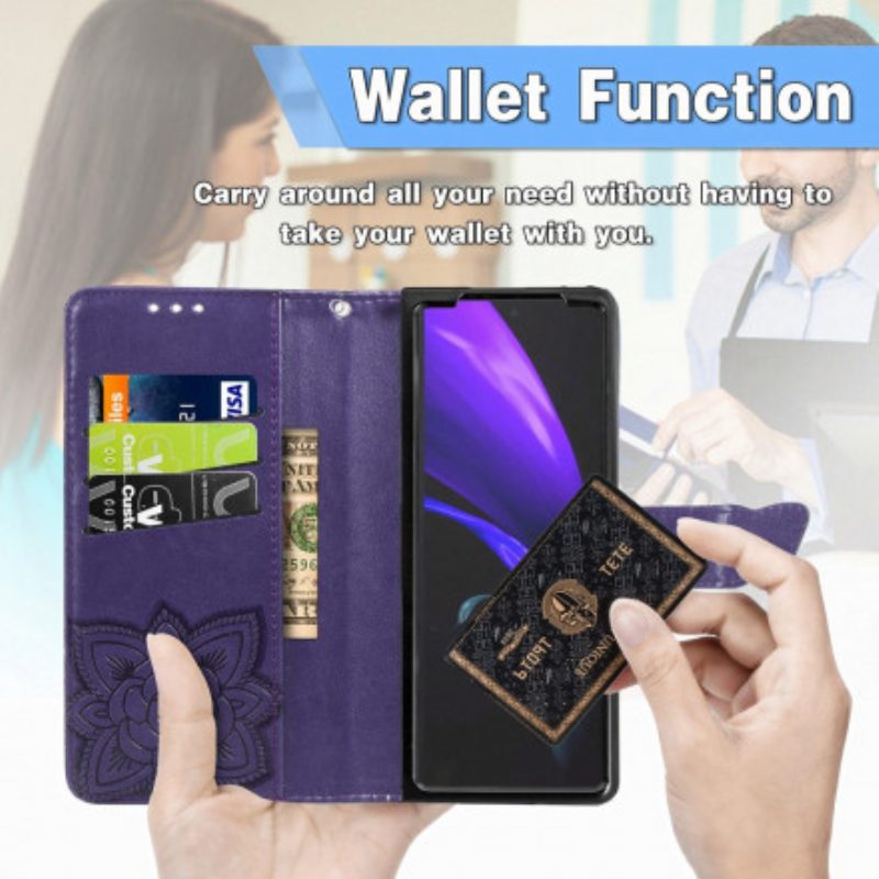 Custodia in pelle Samsung Galaxy Z Fold 3 5G Design A Farfalla Con Cordino