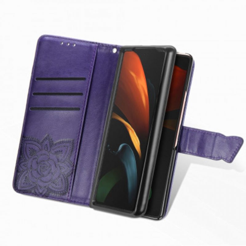 Custodia in pelle Samsung Galaxy Z Fold 3 5G Design A Farfalla Con Cordino