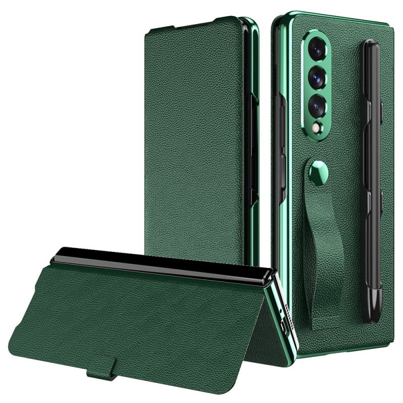 Folio Cover Samsung Galaxy Z Fold 3 5G Custodia in pelle Porta Stilo E Cinturino In Pelle Stile Litchi