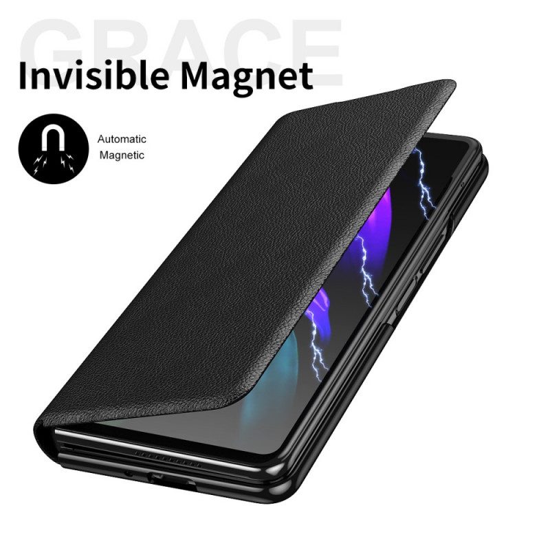 Folio Cover Samsung Galaxy Z Fold 3 5G Custodia in pelle Porta Stilo E Cinturino In Pelle Stile Litchi