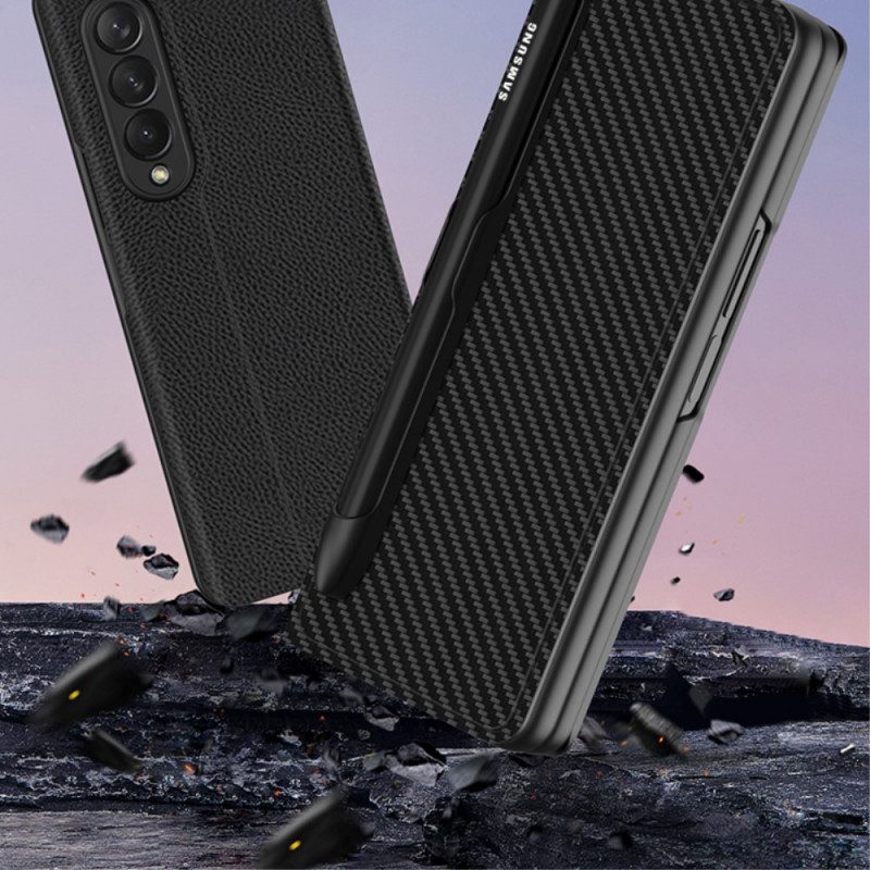 Folio Cover Samsung Galaxy Z Fold 3 5G Custodia in pelle Porta Stilo In Fibra Di Carbonio