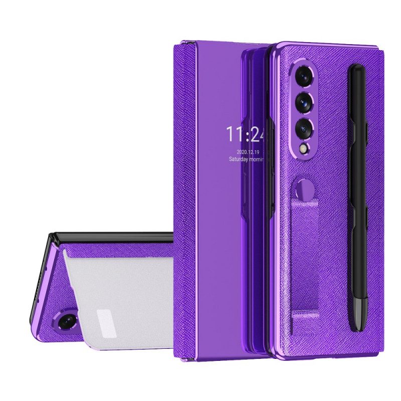 Folio Cover Samsung Galaxy Z Fold 3 5G Custodia in pelle Portapenne A Specchio E Tracolla