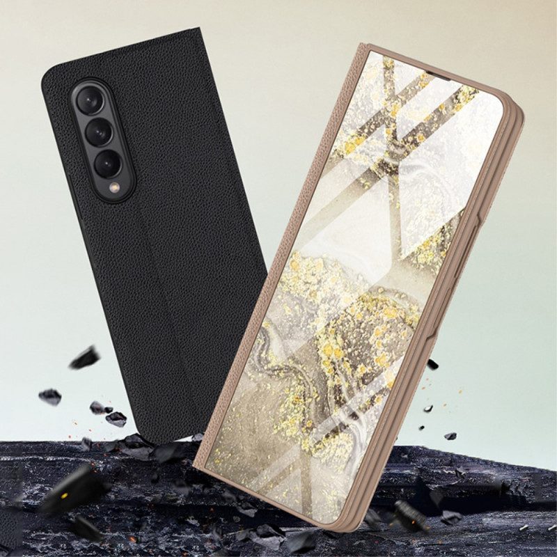 Folio Cover Samsung Galaxy Z Fold 3 5G Custodia in pelle Vetro Temperato Effetto Marmo