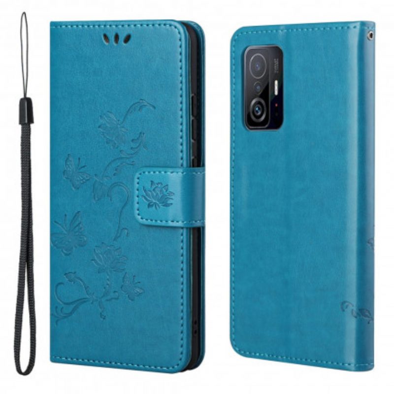 Custodia in pelle Xiaomi 11T / 11T Pro Perizoma Farfalle E Fiori