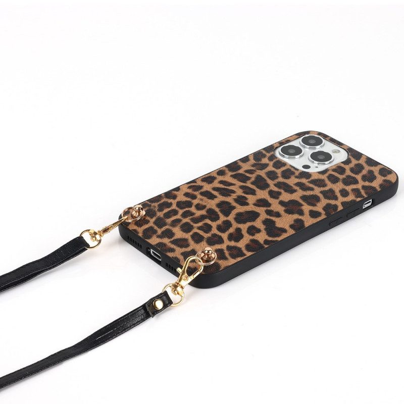 Cover iPhone 14 Pro Leopardo Con Tracolla