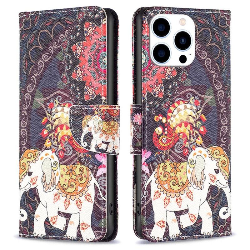 Custodia in pelle iPhone 14 Pro Elefante Indiano