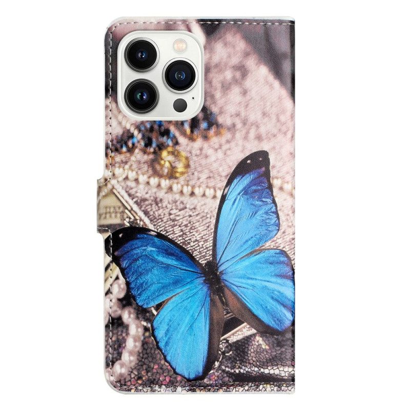 Custodia in pelle iPhone 14 Pro Farfalla Blu