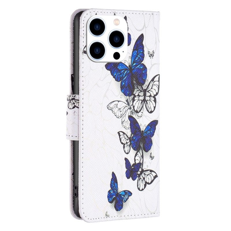 Custodia in pelle iPhone 14 Pro Farfalle In Volo