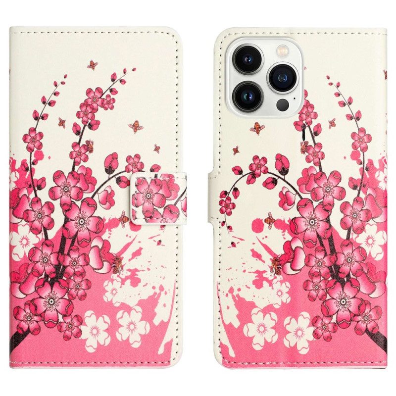 Custodia in pelle iPhone 14 Pro Fiori Tropicali