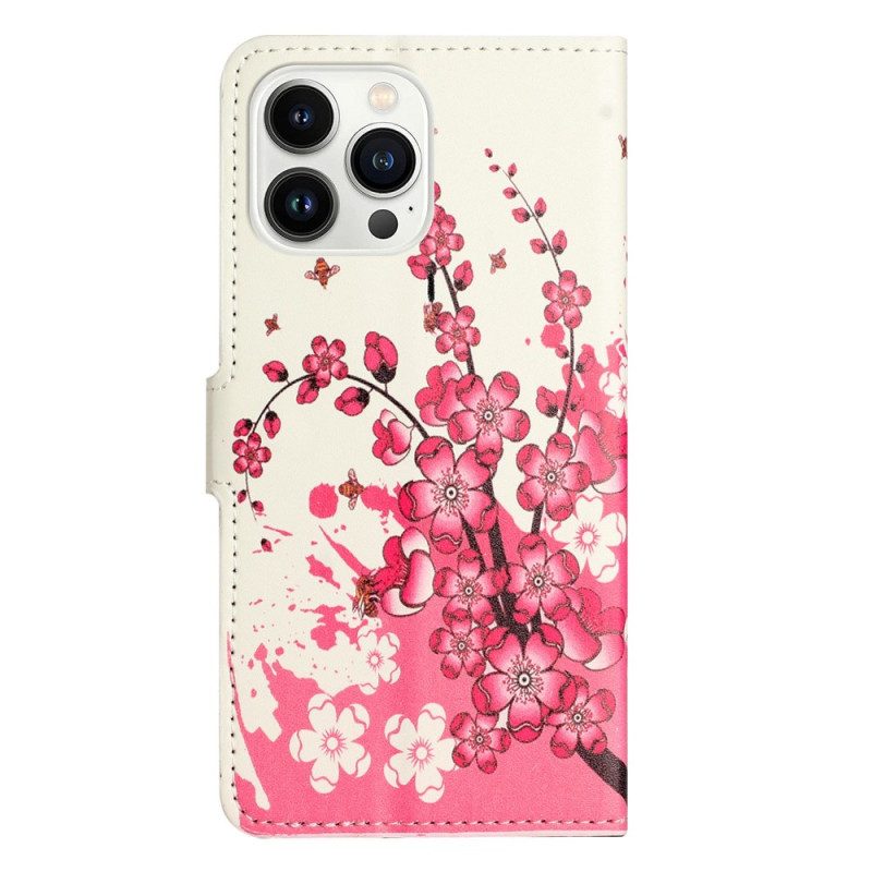 Custodia in pelle iPhone 14 Pro Fiori Tropicali