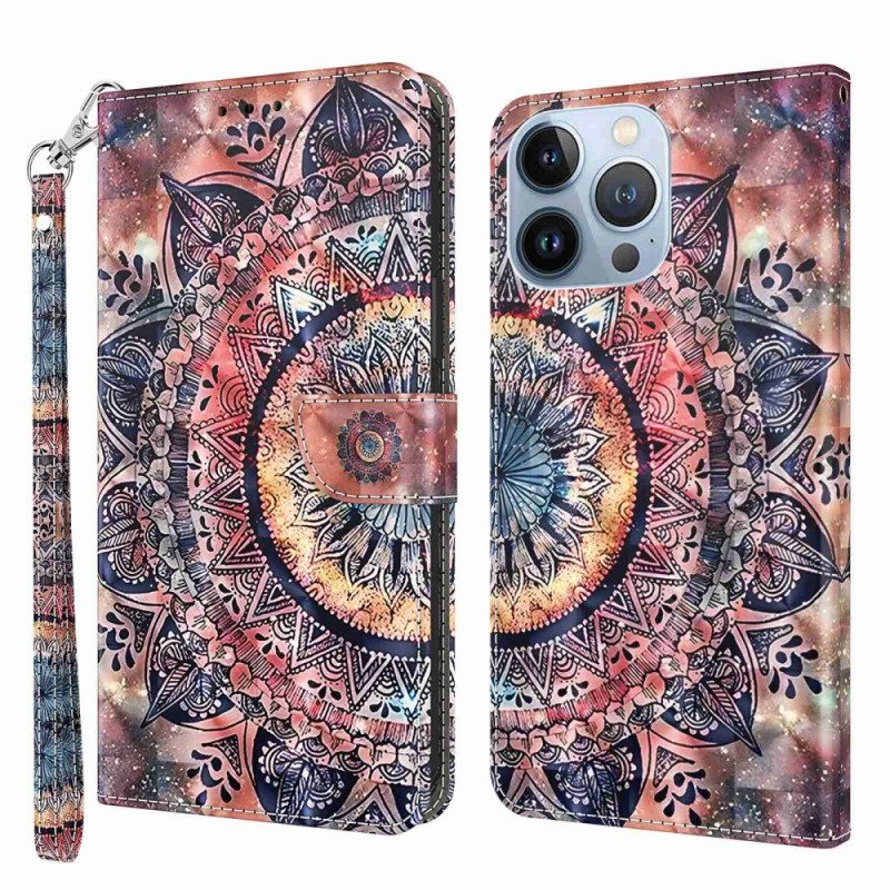 Custodia in pelle iPhone 14 Pro Mandala Con Cinghie Colorate