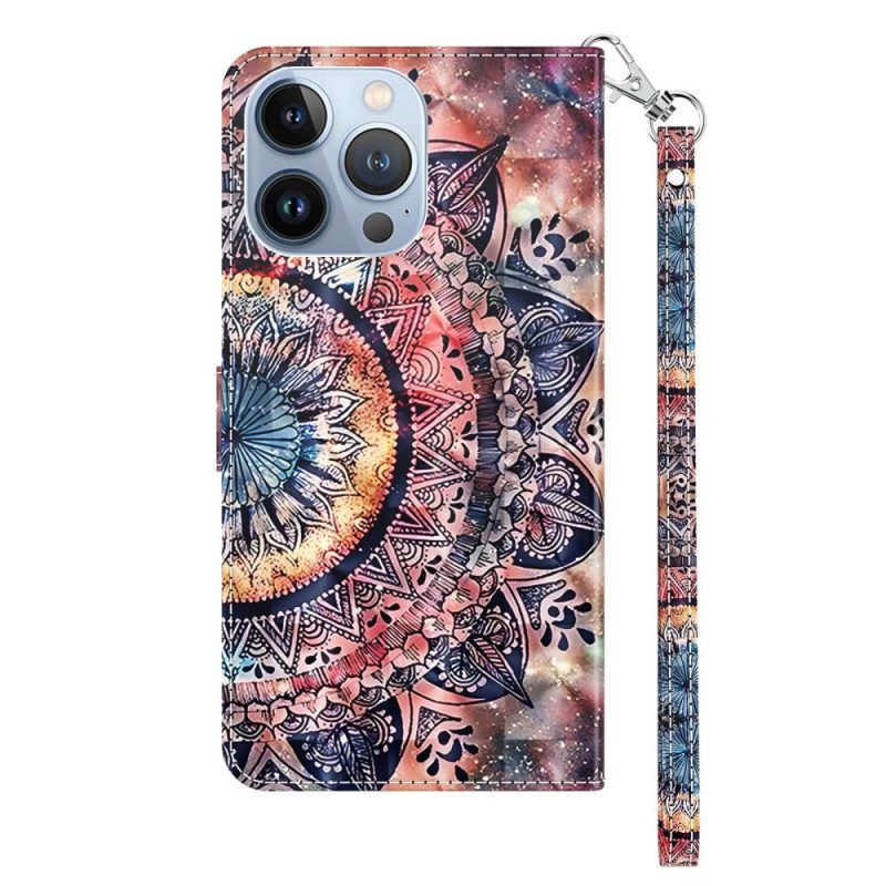 Custodia in pelle iPhone 14 Pro Mandala Con Cinghie Colorate