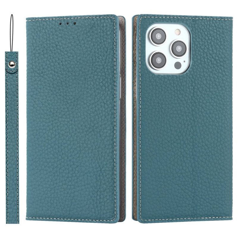 Folio Cover iPhone 14 Pro Custodia in pelle Cinturino In Vera Pelle Di Litchi