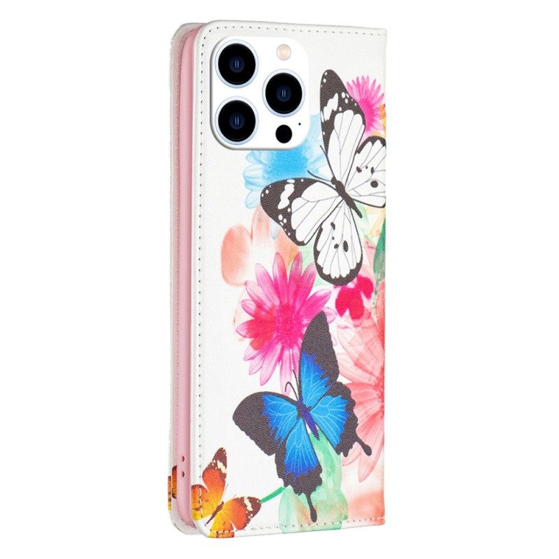 Folio Cover iPhone 14 Pro Custodia in pelle Farfalle