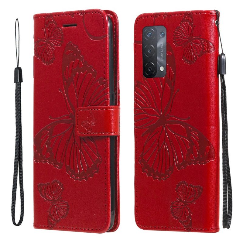 Custodia in pelle Oppo A74 4G Farfalle Con Cinturino Gigante