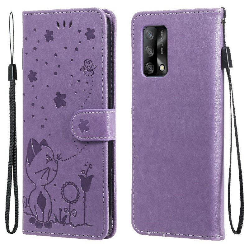 Custodia in pelle Oppo A74 4G Gatto E Ape Con Cordino