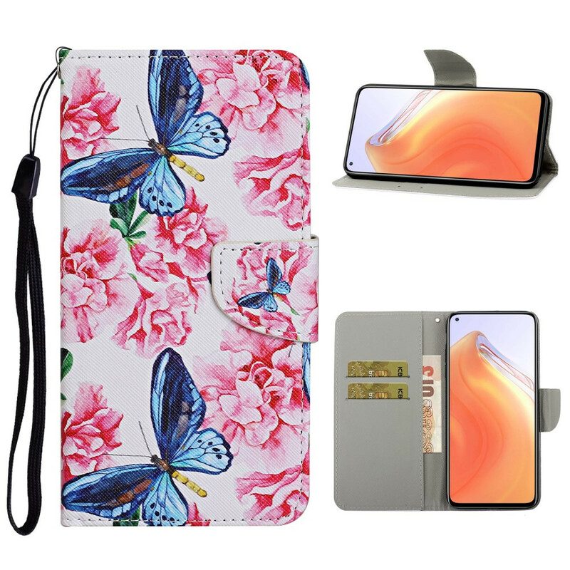 Custodia in pelle Xiaomi Mi 10T / 10T Pro Cordino Floreale Con Farfalle