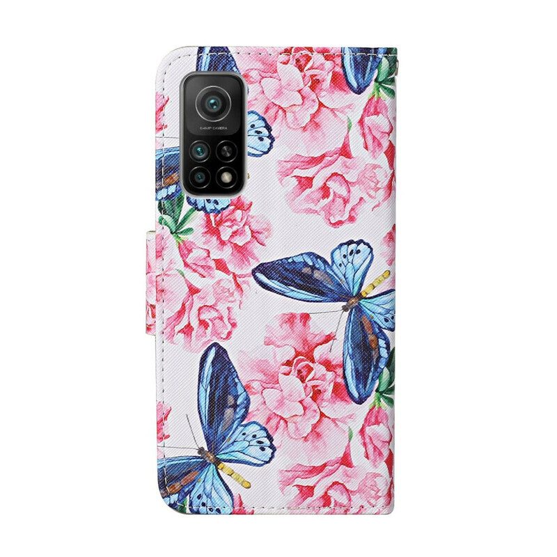 Custodia in pelle Xiaomi Mi 10T / 10T Pro Cordino Floreale Con Farfalle