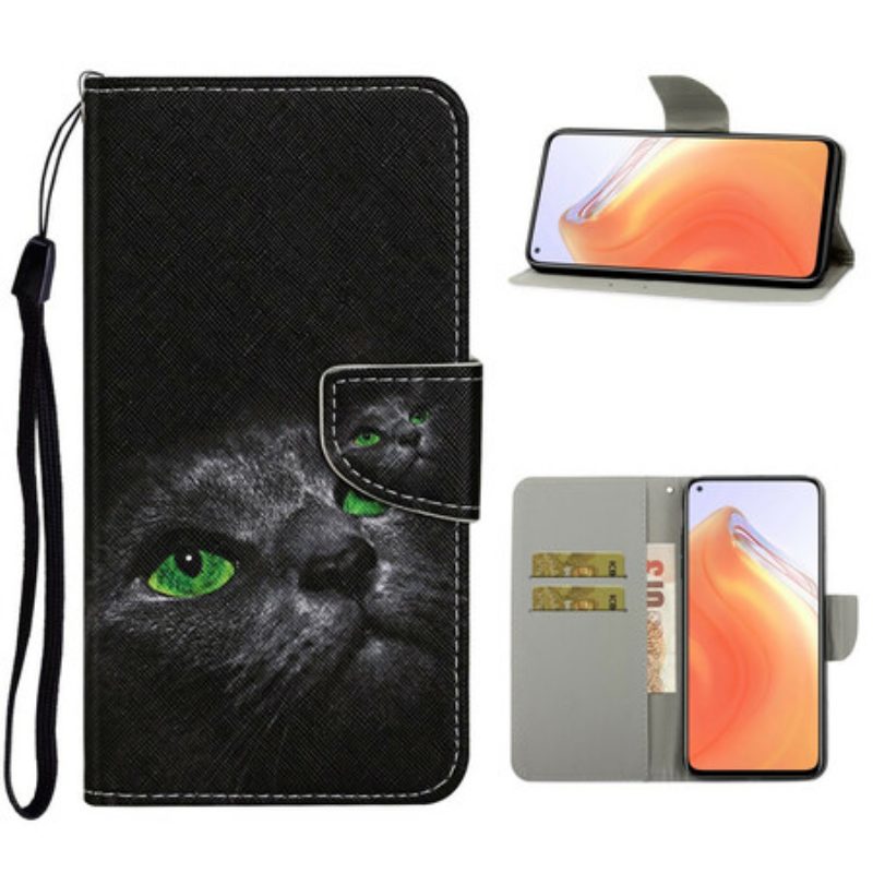 Custodia in pelle Xiaomi Mi 10T / 10T Pro Gatto Dagli Occhi Verdi Con Cordino