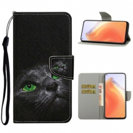 Custodia in pelle Xiaomi Mi 10T / 10T Pro Gatto Dagli Occhi Verdi Con Cordino