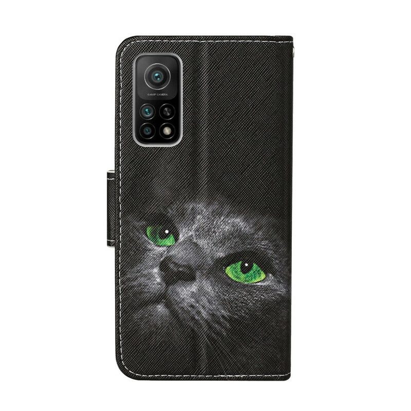 Custodia in pelle Xiaomi Mi 10T / 10T Pro Gatto Dagli Occhi Verdi Con Cordino