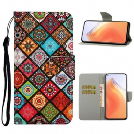 Custodia in pelle Xiaomi Mi 10T / 10T Pro Mandala Patchwork Con Cordino