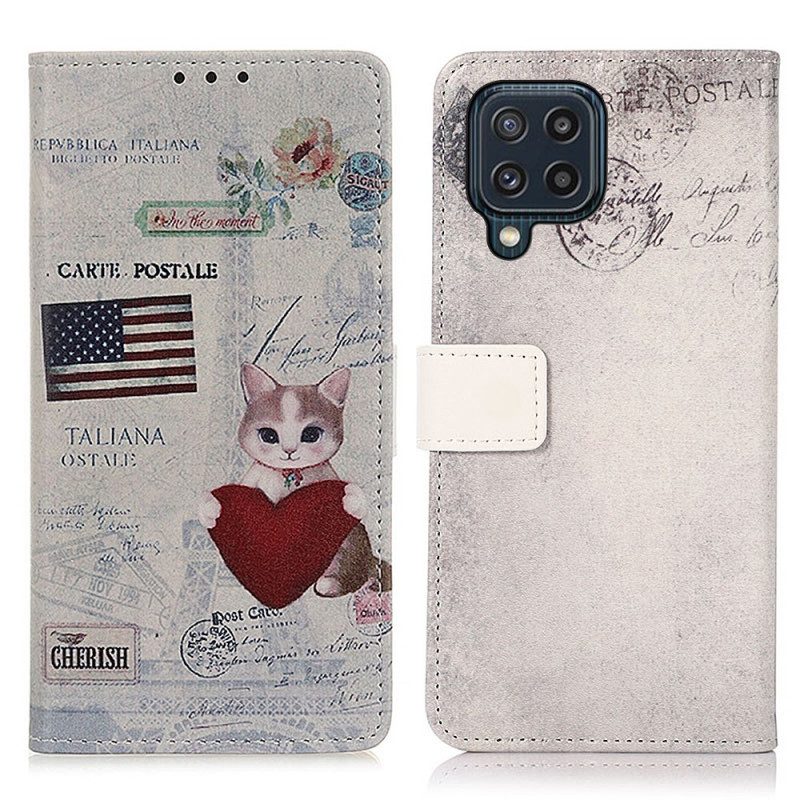 Custodia in pelle Samsung Galaxy M32 Gatto Viaggiatore